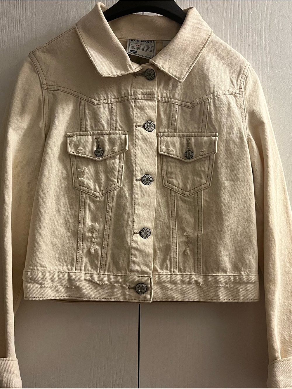 Vintage Old Navy Cream Denim Jacket Beaded Embroidered Back Women’s Medium - Picture 3 of 5